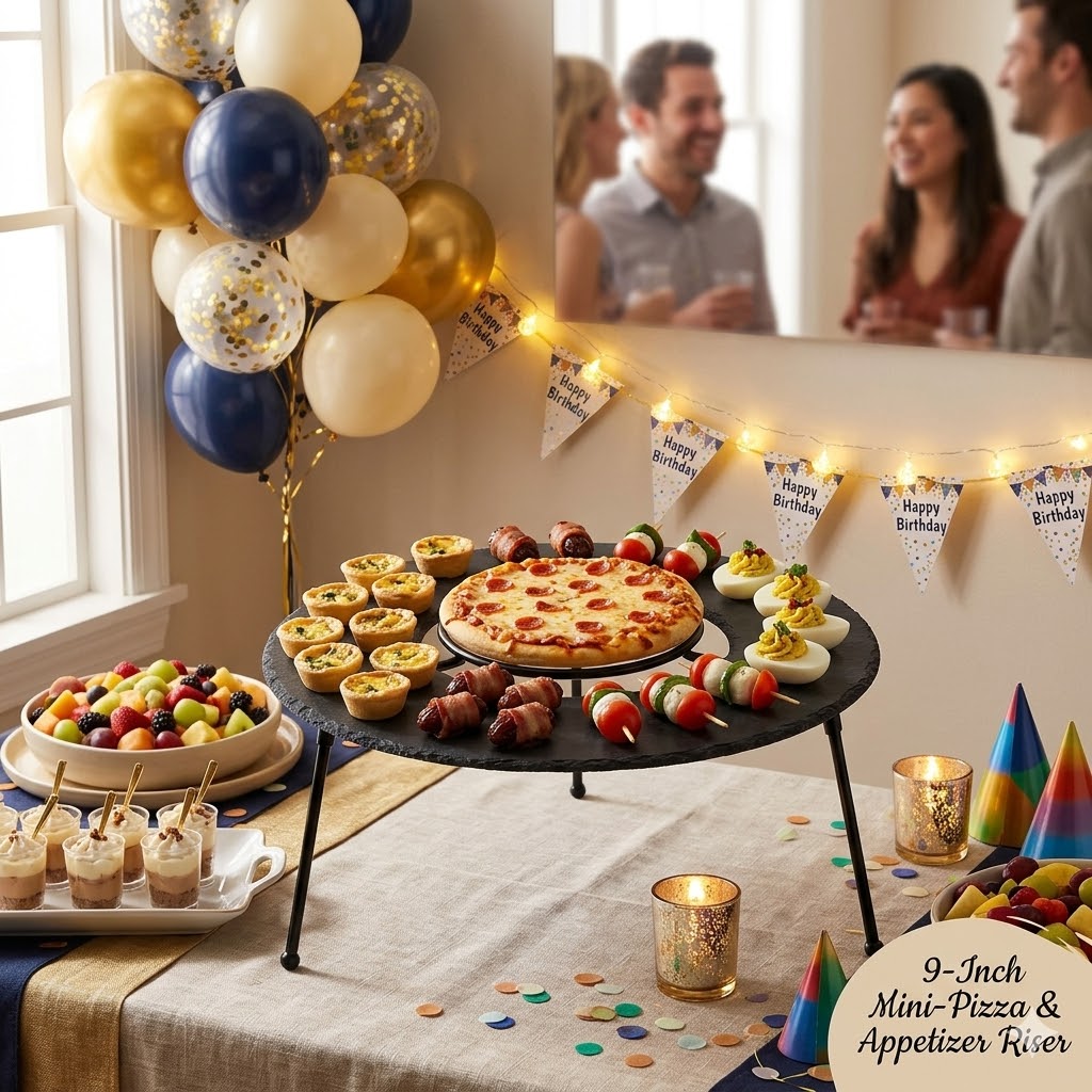 HOHIYA 4 Pack 9 Inch Pizza Stand Holder Risers Heavy Duty Metal Food Display Stand for Buffet Table and Catering Pizza Tray Riser for Desserts and Party Serving Platters Black